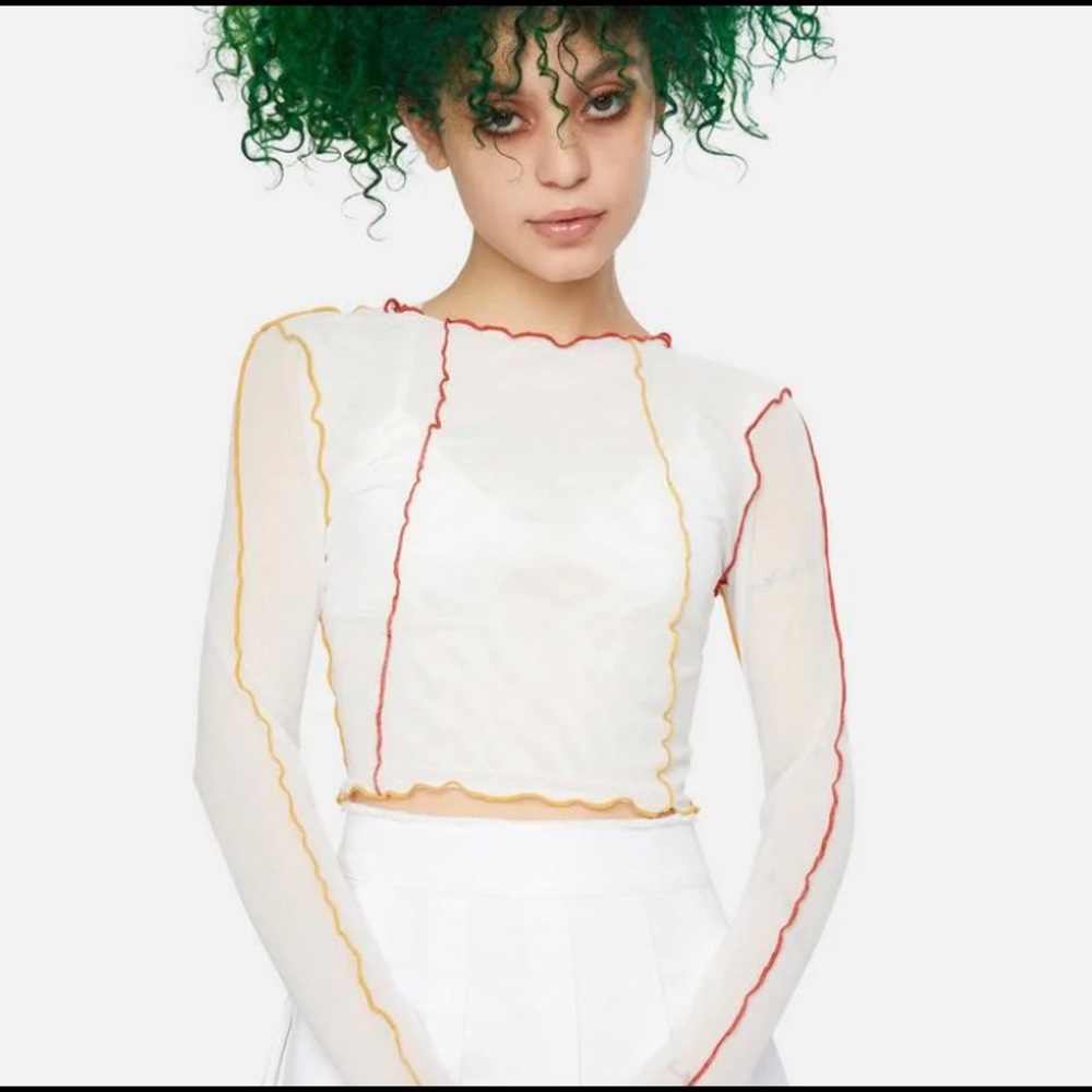 mesh contrast stich long sleeve top
